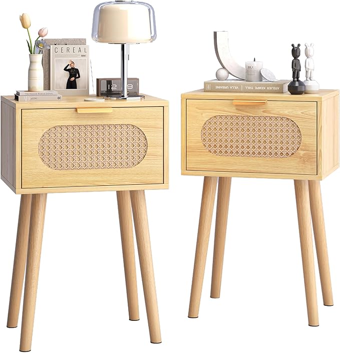 Nightstands Set of 2, Bedside Table with Rattan Door, Boho End Table with Solid Wood Legs for Bedroom, Living Room, Small Space Nightstands, Natural Color, HNS001N