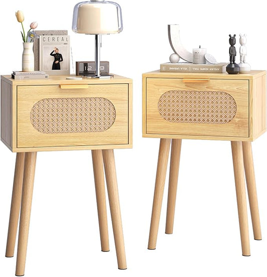 Nightstands Set of 2, Bedside Table with Rattan Door, Boho End Table with Solid Wood Legs for Bedroom, Living Room, Small Space Nightstands, Natural Color, HNS001N