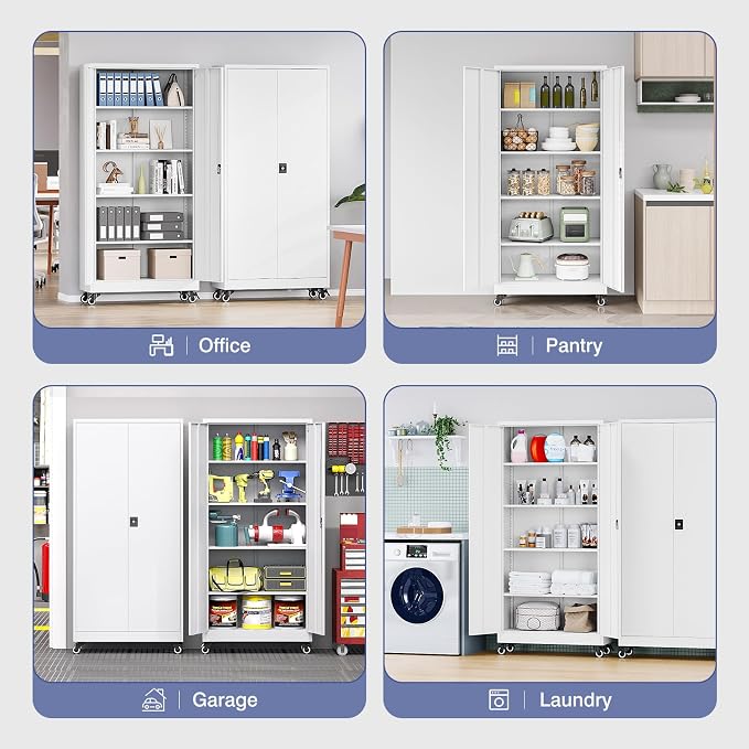 Metal Storage Cabinet with Wheels, Tall Garage Storage Cabinet with 4 Adjustable Shelves and 2 Doors, Lockable Tool Cabinet for Garage Home Office,Gym,School (White)