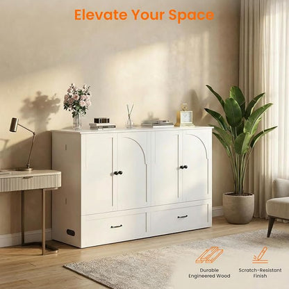 CECER Queen Size Murphy Bed with Storage & Charging Station,Multi-Functional Murphy Cabinet Bed with Mattress Included for Bedroom/Guest Room/Small Space,Easy Assembly -White | Built-in Multi-Port Charging Station ＆ Large Storage Drawer，Sturdy frame ＆ ...