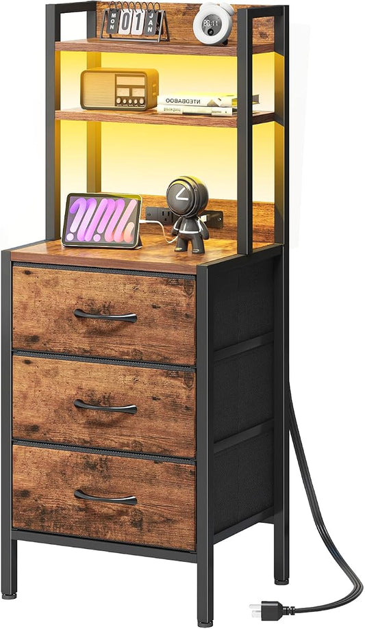 Fixwal 41 Inch Tall Nightstand with Charging Station, Led Night Stand with U-S-B Port & Socket, 3 PU Finished Fabric Storage Drawers, Office, Bedside Table & Bookshelf in One, Rustic Brown