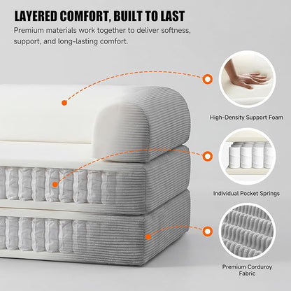 79" Convertible Sleeper Sofa Bed, Corduroy Boneless Fold-Out Couch in a Box, 4-in-1 Loveseat/Futon Couch, High-Density Foam, No Assembly, Side Pockets, 2 Pillows for Small Spaces, Light Grey