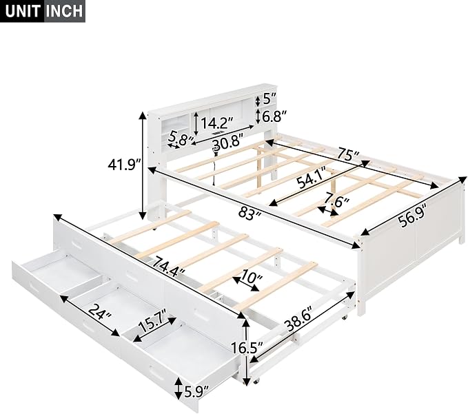 Merax Full Size Platform Bed with Storage Headboard, USB, Wood Bedframe with Twin Size Trundle and 3 Drawers, White