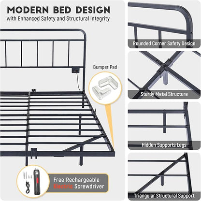 Floating Queen Size Platform Bed Frame with LED Lights & Charging Station - Includes Powered Screwdriver for Assembly, Mattress Fasteners & Corner Pads, Hardened Steel