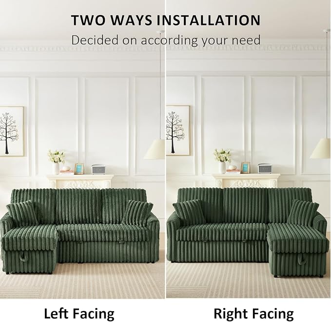 KCGKCG Sleeper Sofa Bed, 81” Pull Out Couch Bed with Reversible Storage Chaise, 3 in 1 L-Shaped Couch with Charging Station, Cup Holder, Side Pocket, Plush Corduroy Couches for Living Room(Green)