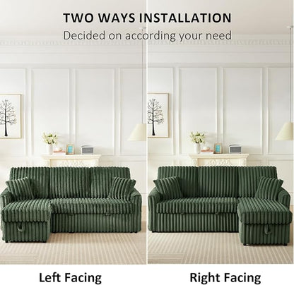 KCGKCG Sleeper Sofa Bed, 81” Pull Out Couch Bed with Reversible Storage Chaise, 3 in 1 L-Shaped Couch with Charging Station, Cup Holder, Side Pocket, Plush Corduroy Couches for Living Room(Green)