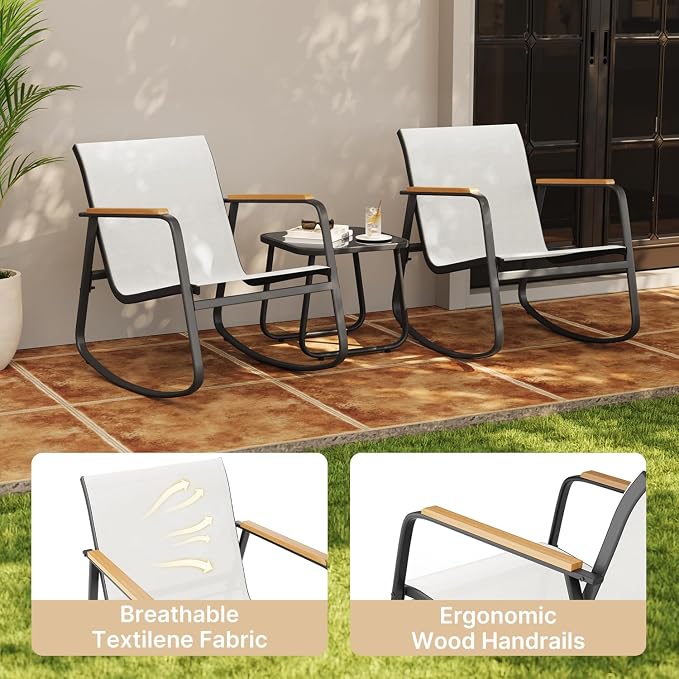 Aiho 3-Piece Patio Furniture Set, Outdoor Furniture with Textilene Fabric Rocker Chairs with Coffee Table, Patio Bistro Sets for Garden, Balcony, Poolside(White)