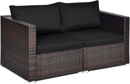 Tangkula 2 Seat Outdoor Wicker Loveseat Sofa Set, Modular PE Rattan 2 Pieces Outdoor Wicker Corner Sofa, Outside Furniture Set for Deck, Backyard, Porch, Garden & Poolside, Black