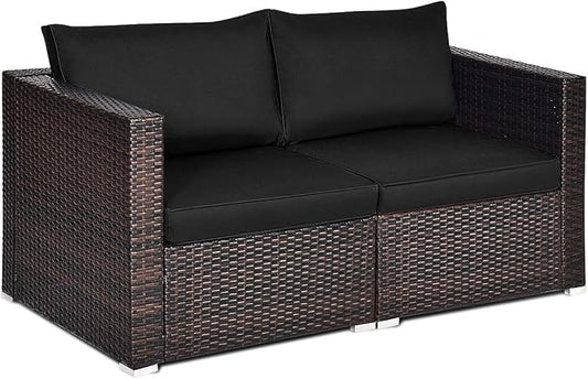 Tangkula 2 Seat Outdoor Wicker Loveseat Sofa Set, Modular PE Rattan 2 Pieces Outdoor Wicker Corner Sofa, Outside Furniture Set for Deck, Backyard, Porch, Garden & Poolside, Black