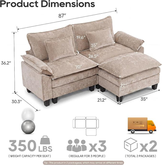 URRED Oversized Modular Sectional Sofa, 87" L Shaped Modern Comfy Cloud Couch with Movable Ottoman & Pillows, Deep Seat Couches for Living Room, Bedroom or Apartment (Chenille Khaki, 87" L Shaped)