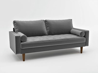 Container Furniture Direct Womble Mid Century Modern Soft Velvet Upholstered Tufted Seat with Bolster Pillows, Sofa, Silverish Grey