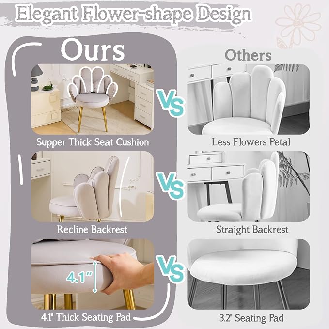 VINGLI Petal Makeup Vanity Chair with Back,Flower Cute Girls Desk Chair Comfy No Wheels,Modern Dining Chair,Small Accent Chair with Adustable Gold Legs&Bow Pillow for Home Office,Bedroom,Velvet,Grey