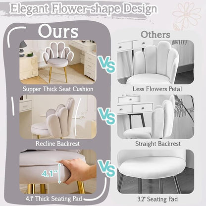 VINGLI Petal Makeup Vanity Chair with Back,Flower Cute Girls Desk Chair Comfy No Wheels,Modern Dining Chair,Small Accent Chair with Adustable Gold Legs&Bow Pillow for Home Office,Bedroom,Velvet,Grey