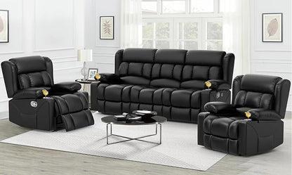 Dresegmt Recliner Sofa Set, Flip Middle Backrest Design PU Leather 3 Seater Reclining Sofa and 2PC Single Recliner Chair, Manual Couches for Living Room (Black, PU 3+1+1)