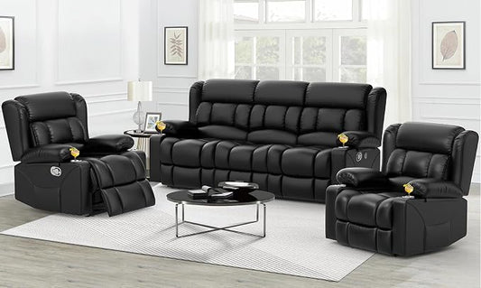 Dresegmt Recliner Sofa Set, Flip Middle Backrest Design PU Leather 3 Seater Reclining Sofa and 2PC Single Recliner Chair, Manual Couches for Living Room (Black, PU 3+1+1)