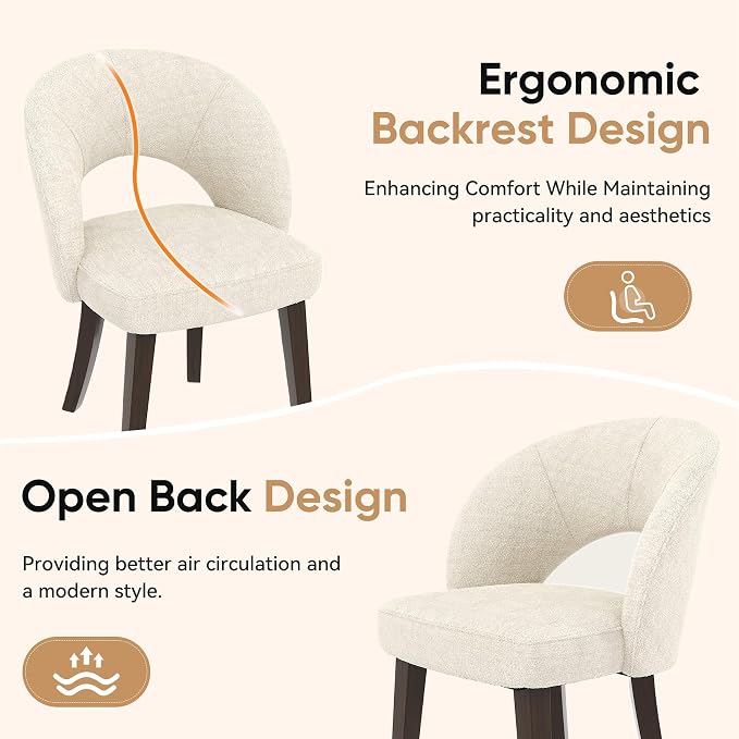 Dining Chairs Set of 4, Mid Century Modern Dining Chairs with Solid Wood Legs, Curved Back Kitchen Chair Farmhouse Side Upholstered Chairs for Kitchen Dining Room, White