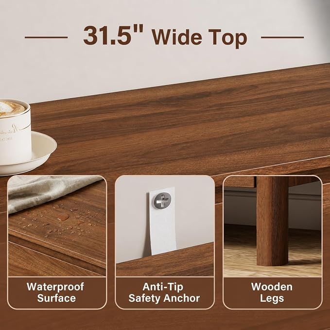 Furniway 31.5" Mid-Century Modern Dresser for Bedroom, 3 Drawer Small Chest of Drawers with Wood Legs, Large Storage Bedroom Dresser, Walnut
