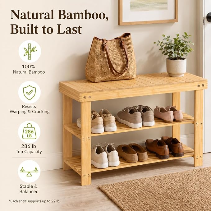Shoe Rack Bench, 3-Tier Shoe Storage Organizer for Entryway , Shoe Shelf for Small Spaces, Multi-Functional Side Table Plant Stand, Shoe Stand for Bedroom, Living Room, Closet, Front Door, Natural