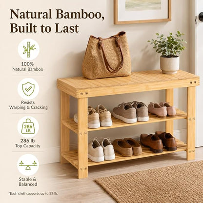 Shoe Rack Bench, 3-Tier Shoe Storage Organizer for Entryway , Shoe Shelf for Small Spaces, Multi-Functional Side Table Plant Stand, Shoe Stand for Bedroom, Living Room, Closet, Front Door, Natural