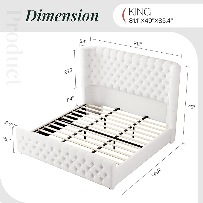 Jocisland King Size Upholstered Bed Frame with 6.3-Inch Curved Wingback Headboard, Tufted Footboard, Wood Slats, No Box Spring Needed, White Linen