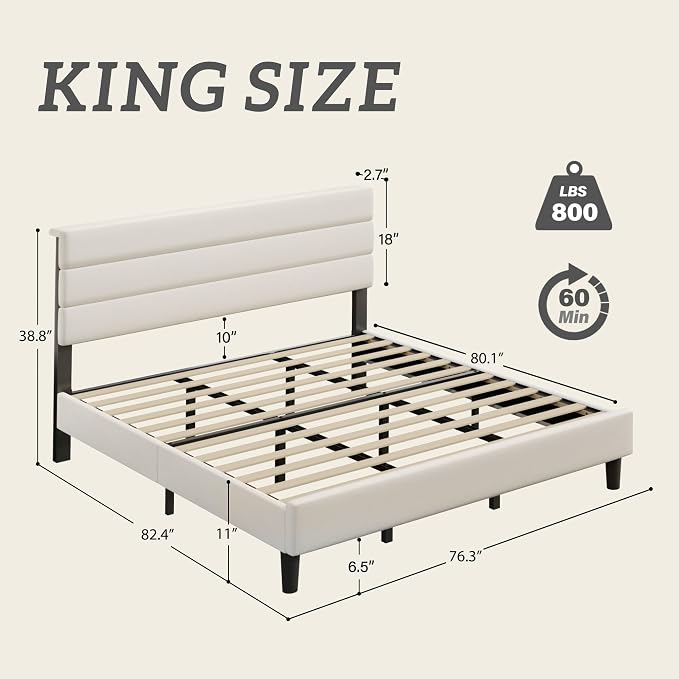 Fluest King Size Bed Frame, Platform Bed Frame with Velvet Upholstered Headboard, No Box Spring Needed, Sturdy Metal Support, Noise Free, Easy Assembly, Beige