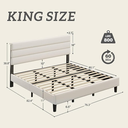Fluest King Size Bed Frame, Platform Bed Frame with Velvet Upholstered Headboard, No Box Spring Needed, Sturdy Metal Support, Noise Free, Easy Assembly, Beige