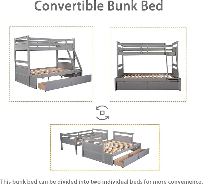 Merax Twin Over Full Bunk Bed, Wood Bunk Bed with Removable Ladders and Two Storage Drawers, Convertible into Two Individual Beds (Grey)