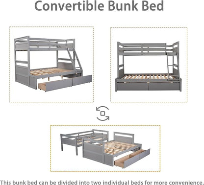 Merax Twin Over Full Bunk Bed, Wood Bunk Bed with Removable Ladders and Two Storage Drawers, Convertible into Two Individual Beds (Grey)