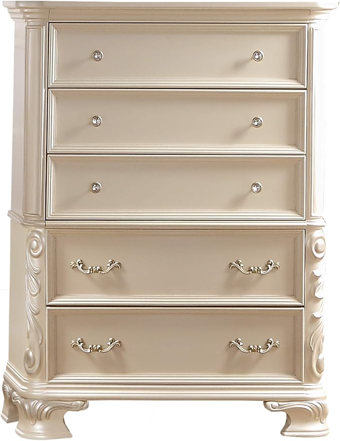 First of a Kind Victoria Off White Traditional 5 Piece King Bedroom Set with Upholstered Tufted Headboard Elegant European Inspired Design Coordinated Furniture Collection