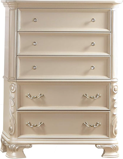 First of a Kind Victoria Off White Traditional 5 Piece King Bedroom Set with Upholstered Tufted Headboard Elegant European Inspired Design Coordinated Furniture Collection