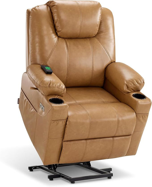 MCombo Power Lift Recliner Chair for Elderly, Lift Chair with Heat and Massage, FSC Certified, USB Ports, Cup Holders, Faux Leather 7141 (Tawny, Small)