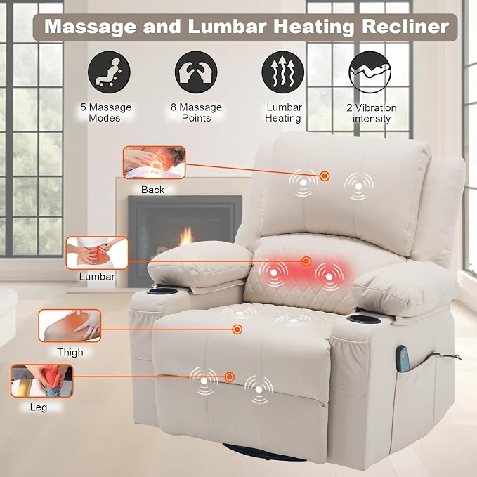Faux Leather Recliner Chair with Heat and Massage Cup Holder, Overstuffed Swivel Rocker Recliner Chair Rocking Glider Chair for Nursery, Cream White