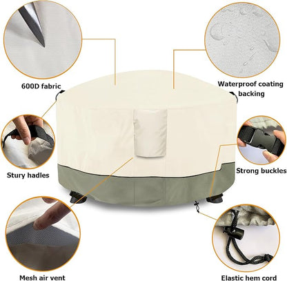 Fire Pit Cover,Outdoor Heavy Duty 600D 100% Waterproof Fire Pit Cover Round,Weatherproof Firepit Covers Round 34" Dia x 15" H,Beige
