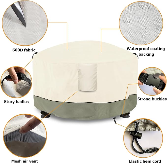 Fire Pit Cover,Outdoor Heavy Duty 600D 100% Waterproof Fire Pit Cover Round,Weatherproof Firepit Covers Round 50" Dia x 24" H,Beige