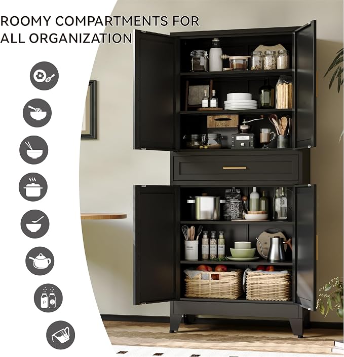 COFaR 71" Metal Pantry Cabinet with Drawer, Black Storage Cabinet with Adjustable Shelves, 3-Section Industrial Cupboard for Kitchen & Office