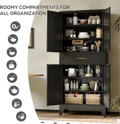 COFaR 71" Metal Pantry Cabinet with Drawer, Black Storage Cabinet with Adjustable Shelves, 3-Section Industrial Cupboard for Kitchen & Office