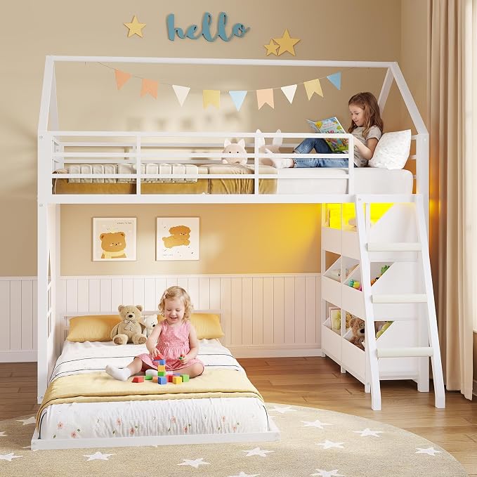 Hasuit Low Bunk Bed Twin Over Twin with Toy Storage Organizer-6 Removable Bins, Floor Bunk Beds with LED Lights, House Bunk Bed with Ladder & Guardrail, Metal L Shaped Twin Bunk Beds for Kids, White