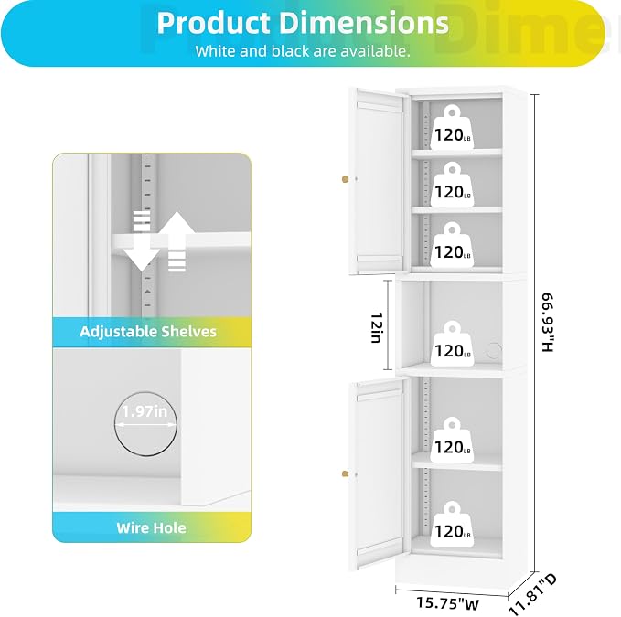 69" Tall Metal Pantry Cabinet with Microwave Stand,Microwave Storage Cabinet with 2 Doors & 3 Adjustable Shelves for Kitchen (2doors-White, 11.81" D x 15.75" W x 66.93" H)