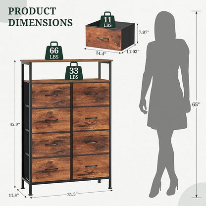 8 Drawers Dresser with Open Shelf, 46" Tall Storage Organizer Chest of Drawer with Wooden Top, Sturdy Metal Frame for Bedroom, Hallway, Living Room, Brown