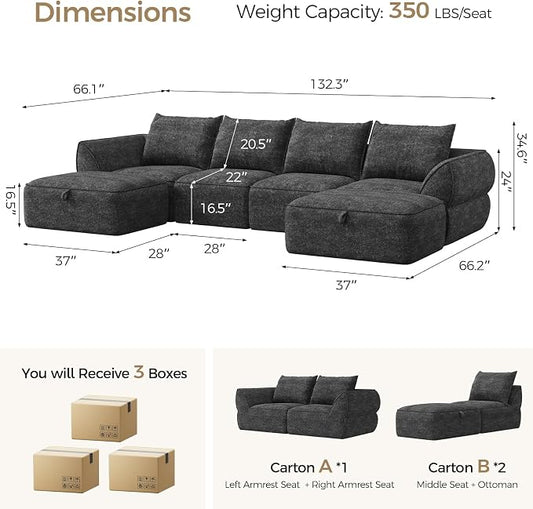 132" Modular Sectional Sofa with Deep Seat, U-Shaped Cloud Couch for Living Room, 4-Seater Boneless Sofa with 2 Ottomans, Flexible Combination Modern Upholstery Sofa, No Assembly Required, Dark Gray