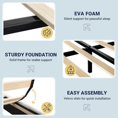Allewie Full Bed Frame, Upholstered Platform Bed, Adjustable Vertical Channel Tufted Headboard, Corduroy Fabric, Modern Low Profile, Wooden Slats, No Box Spring Needed, Easy Assembly, White