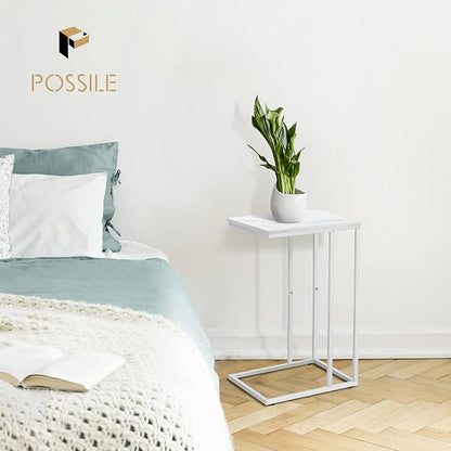Possile C Shaped End Table Set of 2 for Sofa and Bed, Slide Under Couch Tables, Side Table With Faux Marble Top, Small Under Table Tray for Living Room, Bedroom, White