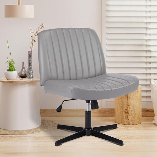 OLIXIS Criss Cross Legged Chairs Armless No Wheels Wide Seat Height Adjustable Swivel Padded PU Leather Home Office Desk Chair for Bedroom, Student, Study Room,Grey