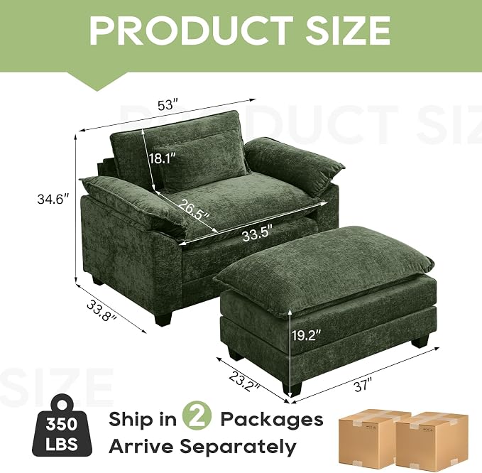 Oprisen 53" Modular Sectional Sofa, Comfy Cloud Couch Sectional Sofa with Ottoman, Chenille Sofa Sleeper Deep Seat Sofa with Throw Pillows for Living Room (Green)