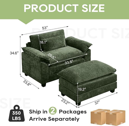 Oprisen 53" Modular Sectional Sofa, Comfy Cloud Couch Sectional Sofa with Ottoman, Chenille Sofa Sleeper Deep Seat Sofa with Throw Pillows for Living Room (Green)