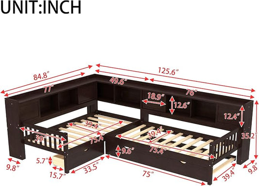 Bellemave L Shaped Corner Bed for 2 Kids, Double Twin Platform BedFrame with Trundle and Shelves, Espresso