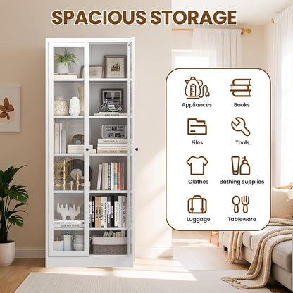 Metal Pantry Cabinet, 72" Kitchen Pantry Cabinet with 2 Doors and 5 Adjustable Shelves, White Steel Storage Cupboard for Dining, Office, Living Room, Bathroom