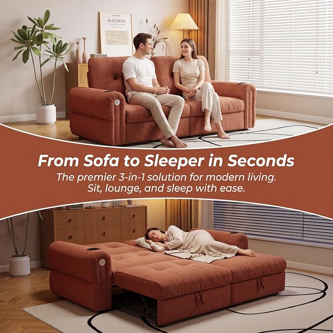 Convertible Couches, Queen Size Pull Out Sofa Bed with USB Charging Port and Cup Holders, Chenille Fabric Convertible Sofa Bed for Small Space, Living Room, Apartment, Guest Room, Orange