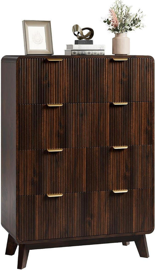 QUW Fluted 5 Drawers Dresser for Bedroom, Modern 40.2" Tall Drawer Dressers with Metal Handle, Wooden Chest of Dresser for Living Room, Hallway, Solid Wood Legs, Curved Profile Design, Dark Walnut