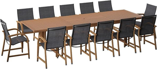 Amazonia Franklin 13-Piece Rectangular Extendable Patio Dining Set | Teak Finish and Weather-Net Technology | Ideal for Outdoors and Indoors